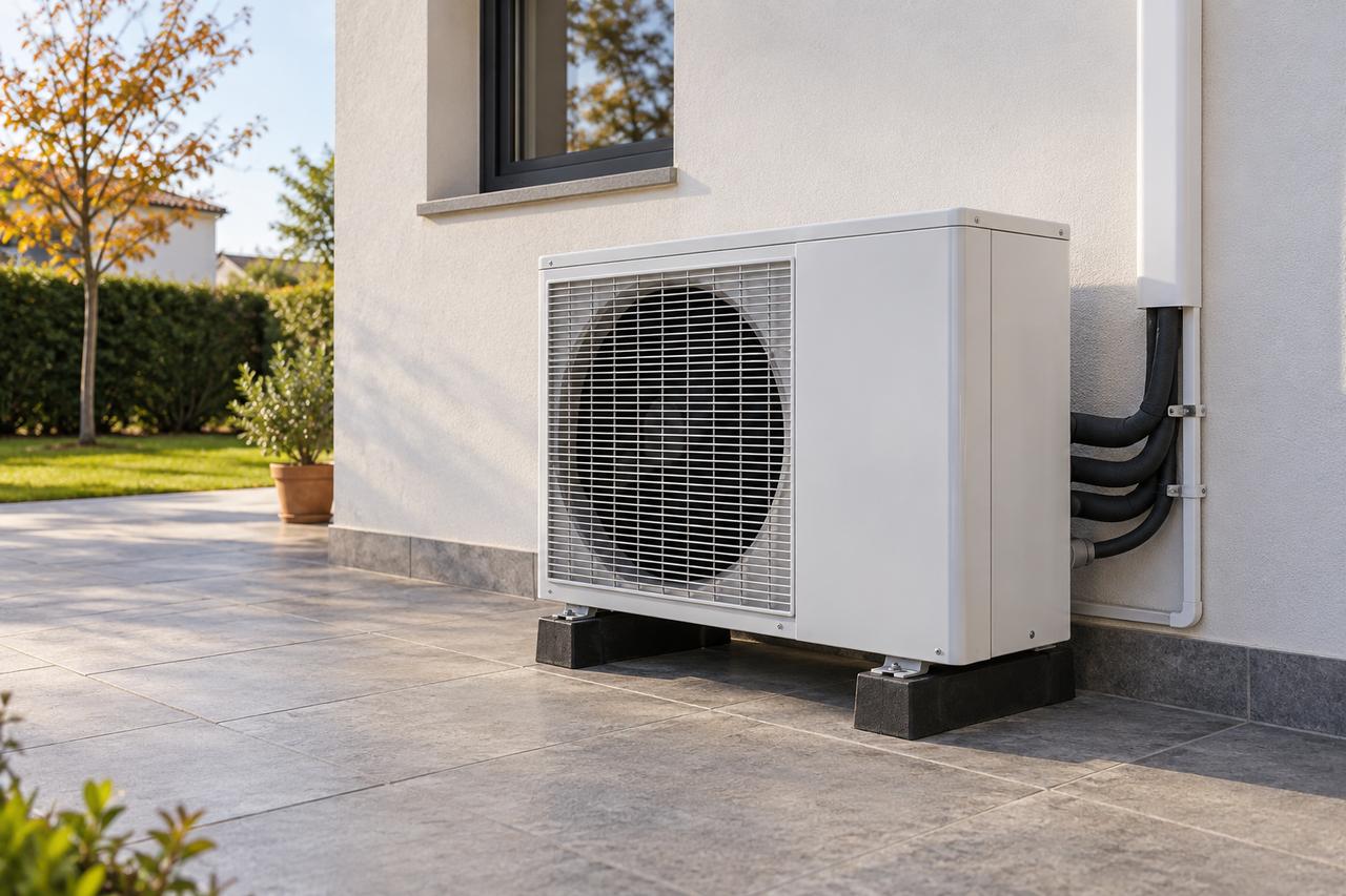 Unidad exterior de bomba de calor blanca junto a una pared, con tuberías protegidas y pavimento despejado alrededor.