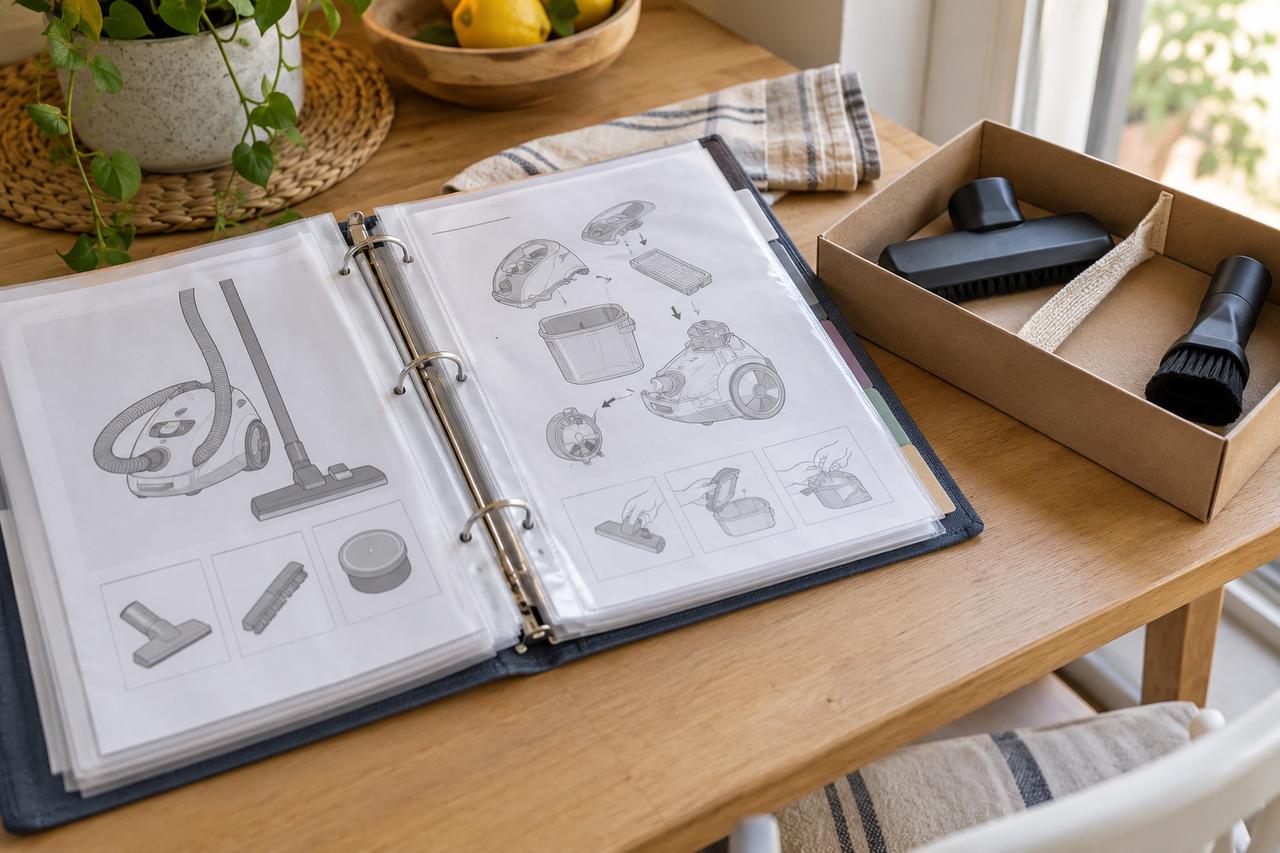 Carpeta abierta con instrucciones ilustradas y una caja con accesorios de aspiradora junto a la mesa.