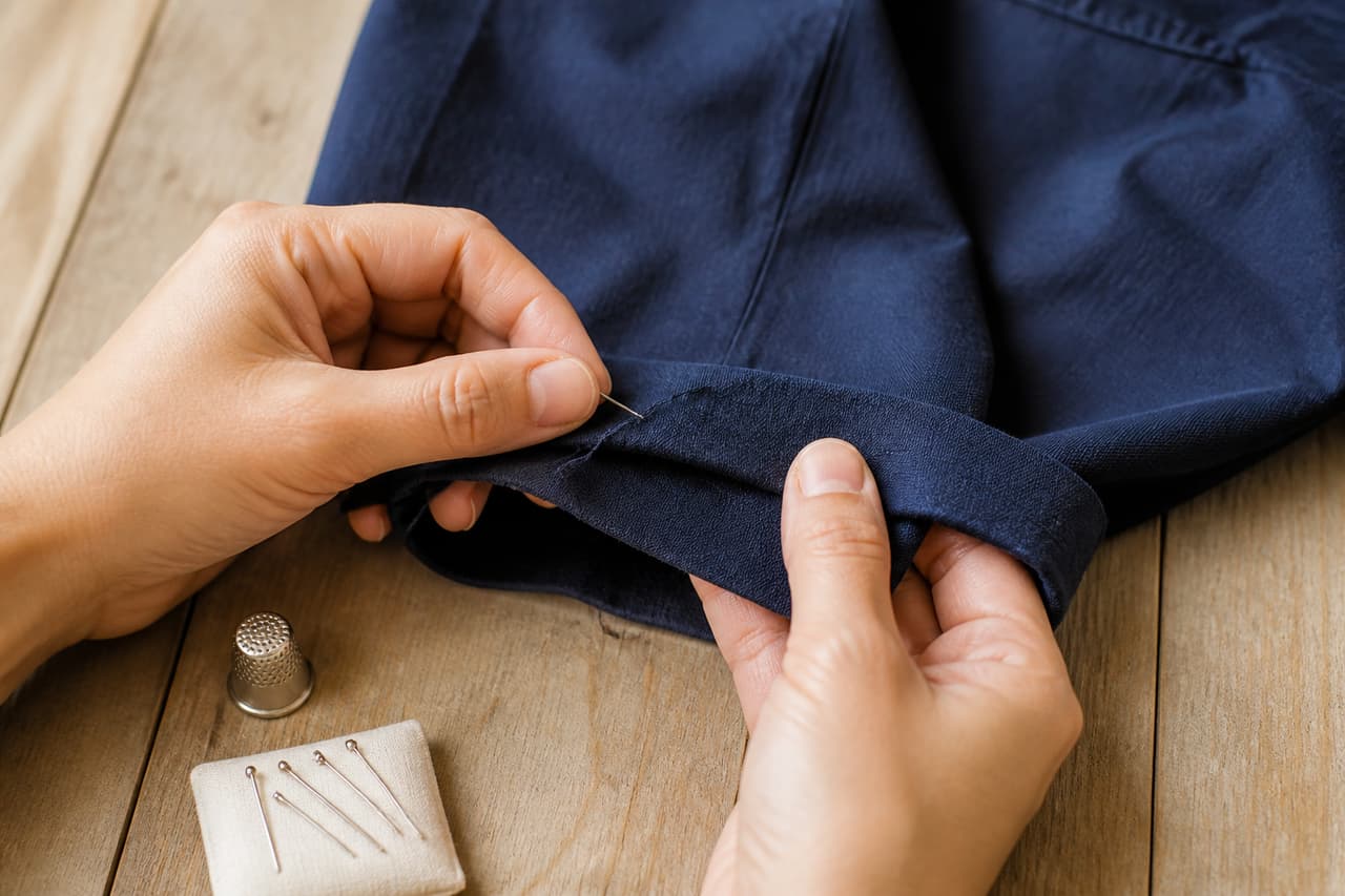 Manos cosiendo a mano el bajo de un pantalón sobre una mesa