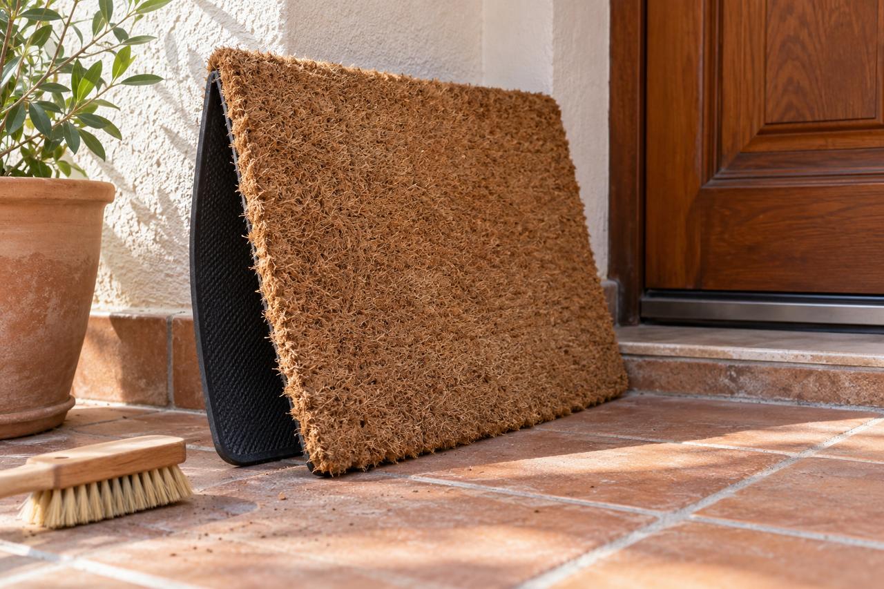 Felpudo de coco levantado junto a una puerta, con el reverso visible y un cepillo sobre el suelo.