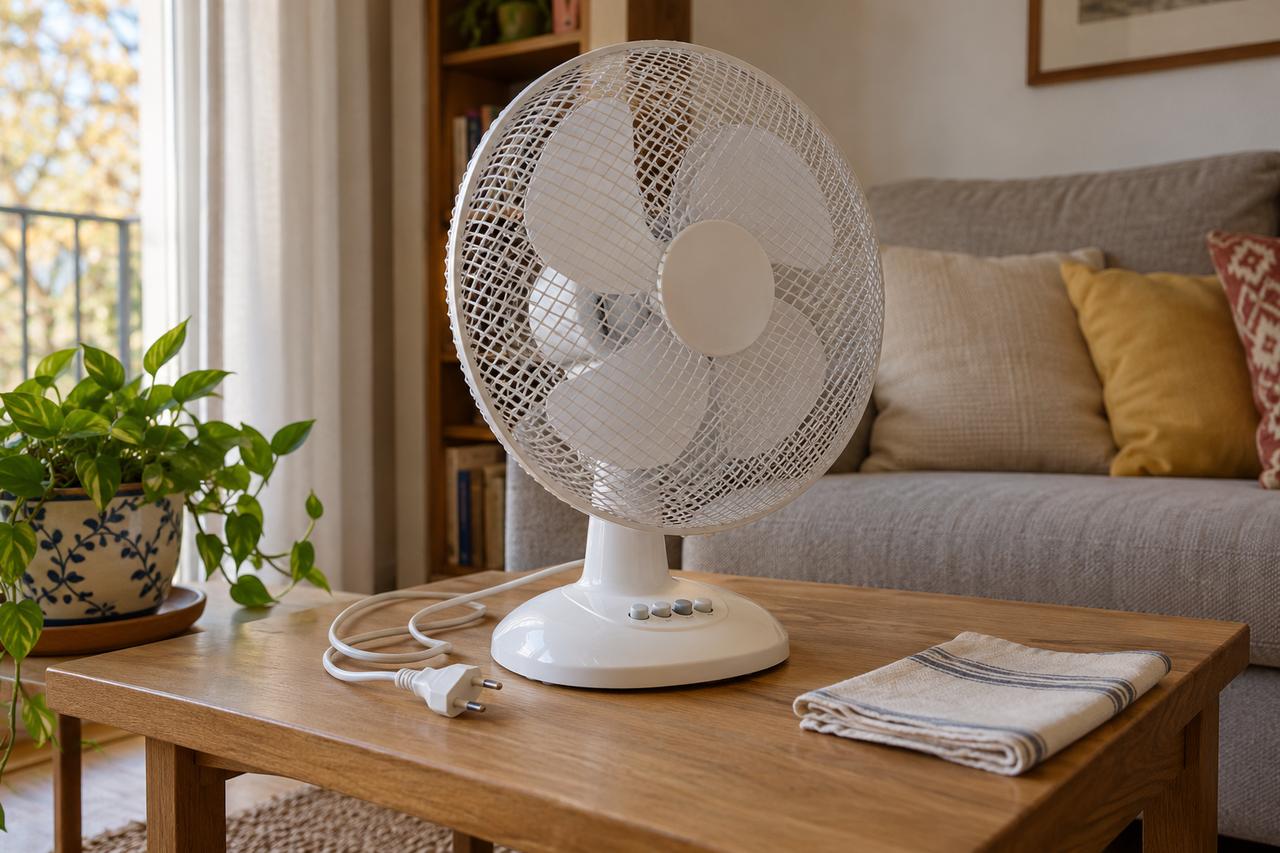Ventilador de sobremesa montado con el enchufe desconectado y un paño seco sobre una mesa auxiliar.