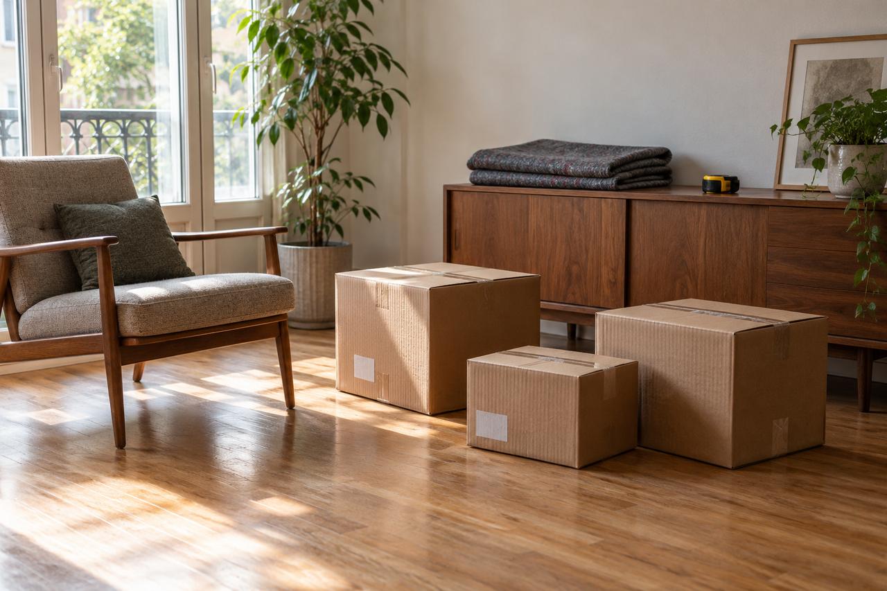 Butaca y aparador de madera en un salón con cajas y una manta de protección preparada.