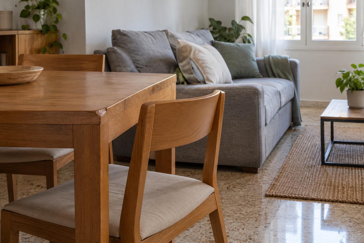 Mesa y silla de madera con marcas suaves de uso en un salón con sofá gris y cojín de funda extraíble.